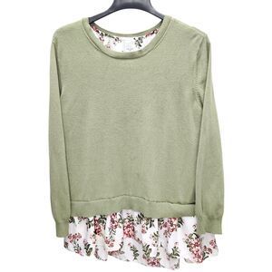 Time and Tru Lagenlook Sweater Womens XXL 20 Green Ivory Floral Split Back